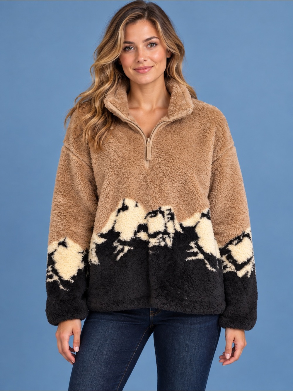 Thread & Supply Mountain Scenic View Fleece Teddy Bear Pullover Size L